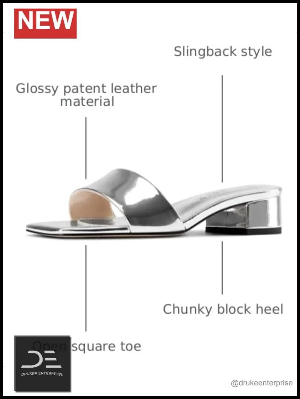 Chunky Block Low Heel Open Square Toe Slip-on Mules Patent Leather Prom Dress
